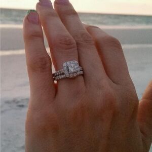 Silver-Tone Halo Engagement Ring Set - White